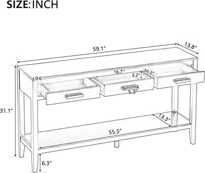 Merax Entryway Console Table with Storage, 3 Drawers Design/Wood Frame/Behind Couch & Sofa, Grey