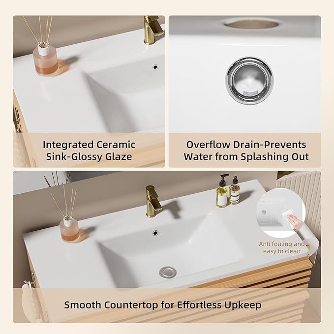 VNN 36 Inch Bathroom Vanity with Ceramic Sink - Freestanding Modern Bathroom Storage Vanity Cabinet with Fluted Design, Soft-Close Doors, Shelves, Toilet Paper Holder & Towel Hooks, Natural Oak