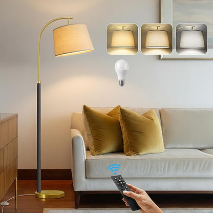 63" Wood Floor Lamp for Living Room Dimmable Standing Lamp with Remote & Foot Switch, 3 Color Temperatures Tall Lamp Mid Century Modern Floor Lamp for Bedroom Office, 9W Bulb Included, Wood Black