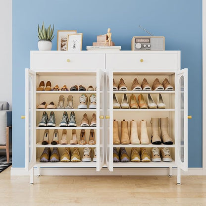 Large Shoe Storage Cabinet with 2 Drawers,7-Tier Shoe Cabinet with Adjustable Shelves and Metal Legs，46.1'' H Steel Shoes Rack Organizer Cabinet for Entryway, Hallway, Living Room