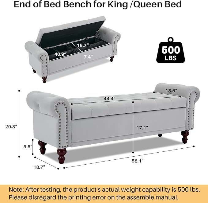 58.1" Storage Bench Upholstered Velvet End of Bedroom Bed Bench Ottoman with Tufted Cushioned Rolled Arm Large Storage Space for Reading Living Room Entryway, Light Grey
