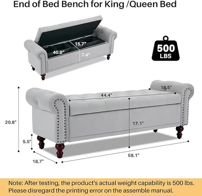 58.1" Storage Bench Upholstered Velvet End of Bedroom Bed Bench Ottoman with Tufted Cushioned Rolled Arm Large Storage Space for Reading Living Room Entryway, Light Grey
