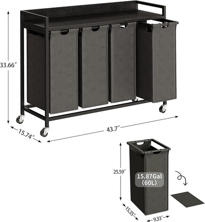 Herture Laundry Hamper with Shelf, Laundry Basket 4 Section, Laundry Sorter with Pull-Out Removable Large Bags and Movable Wheels, Metal Frame, 4 x 15.87 Gallons (60L), Black and Gray PF07XLB