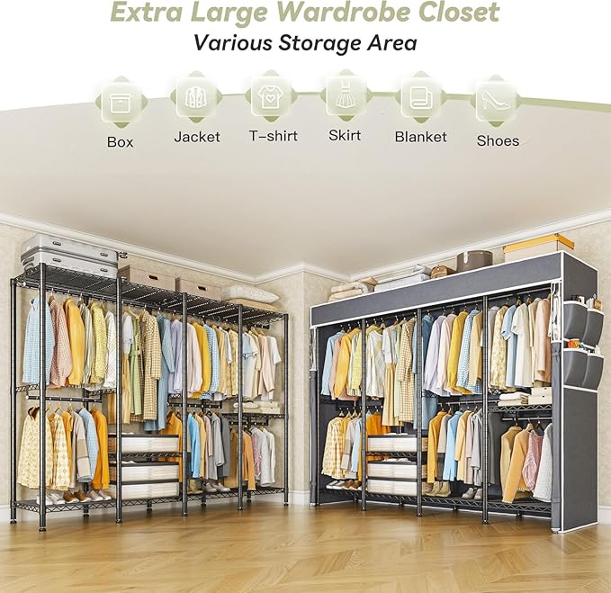 Raybee Clothes Rack with Cover,Clothing Rack for Hanging Clothes,Portable Closet,Adjustable,1150LBS,18" D x 76" W x 77" H,Black