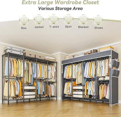 Raybee Clothes Rack with Cover,Clothing Rack for Hanging Clothes,Portable Closet,Adjustable,1150LBS,18" D x 76" W x 77" H,Black
