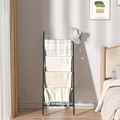 HONEST OUTFITTERS Blanket Ladders for The Living Room, 5-Tier Blanket Holder, Wall-Leaning Blanket Rack, Ladder Shelves, Wooden Quilt Ladder, Farmhouse Decor, Black