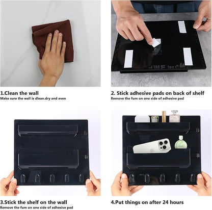 Bedside Shelf Wall Mount, Adhesive Bedside Shelf Accessories Organizer with Hooks and Cable Clips,Dorm Bedside Wall Storage for Phone, Remote, Earphone, Kindle,Plastic (5 Hooks Style-Black)