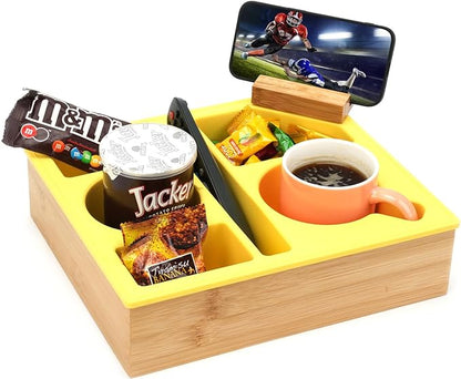 Couch Cup Holder Tray, Handy Silicone Bamboo Couch Caddy with Rotatable Phone Holder for Bed Car Seat Organizer, Waterproof Anti-Spill Couch Drink Holder for Snacks Beverage Remote (Yellow)