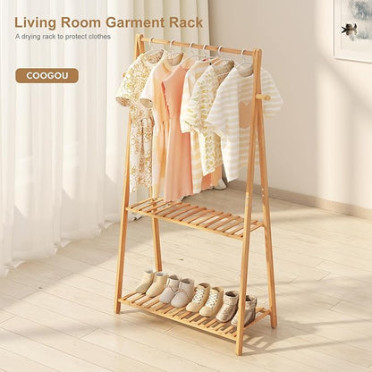 Kids Clothing Rack for Hanging Clothes,Small Toddler Clothes Racks Bamboo Wooden Garment Dress Up Storage Costume Rack with Shelves for Laundry Drying,Short,Mini,Floor Standing