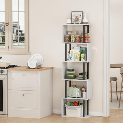Gadroad 5-Tier Bookshelf, Narrow S-Shaped Geometric Bookcase, Wood Decorative Storage Shelving, Modern Freestanding Display Shelves, Book Shelf Unit for Living Room Bedroom Home Office, White