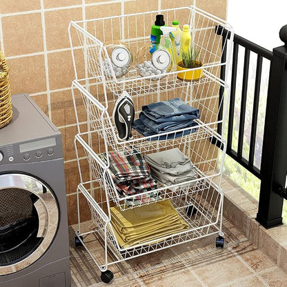 PUSDON 4-Tier Large Stackable Wire Storage Baskets with Wheels, Metal Rolling Utility Cart Organizer, Produce Basket for Kitchen Pantry, Floor Shelf, Classic White