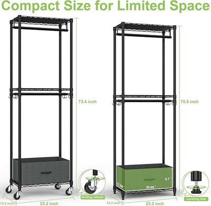 Clothes Rack with Drawers, Freestanding Rolling Garment Rack for Hanging Clothes, Closet Organizer Adjustable Metal Wire Shelving Wardrobe with Rods Portable Closet Shelf with Wheels, Black