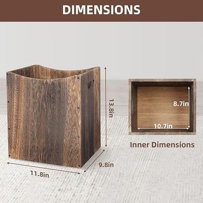 5 Gallon Wooden Trash Can Curved Design Office Waste Basket, Rectangular Farmhouse Garbage Can, Brown Vintage Wood Trash Can Storage Basket With Handles for Bedroom Office Living Room Decorative