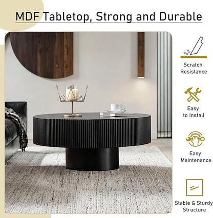 Round Fluted Coffee Table Mid Century Modern Coffee Tables with Handcrafted Relief Circle Drum End Table Rustic Industrial Center Tables for Apartment Living Room (Black Round Thick)