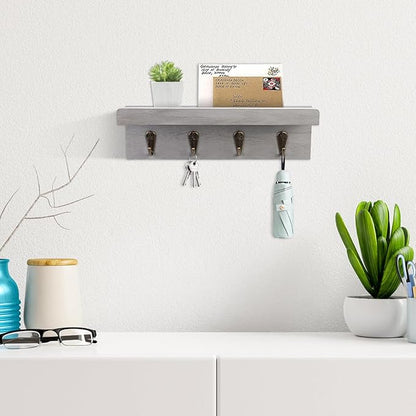 Rustic Key Holder for Wall, Farmhouse Wall Shelf with 4 Hooks, Wall Mounted Key Racks, Wooden Mail Organizer with Hooks for Entryway (Grey)