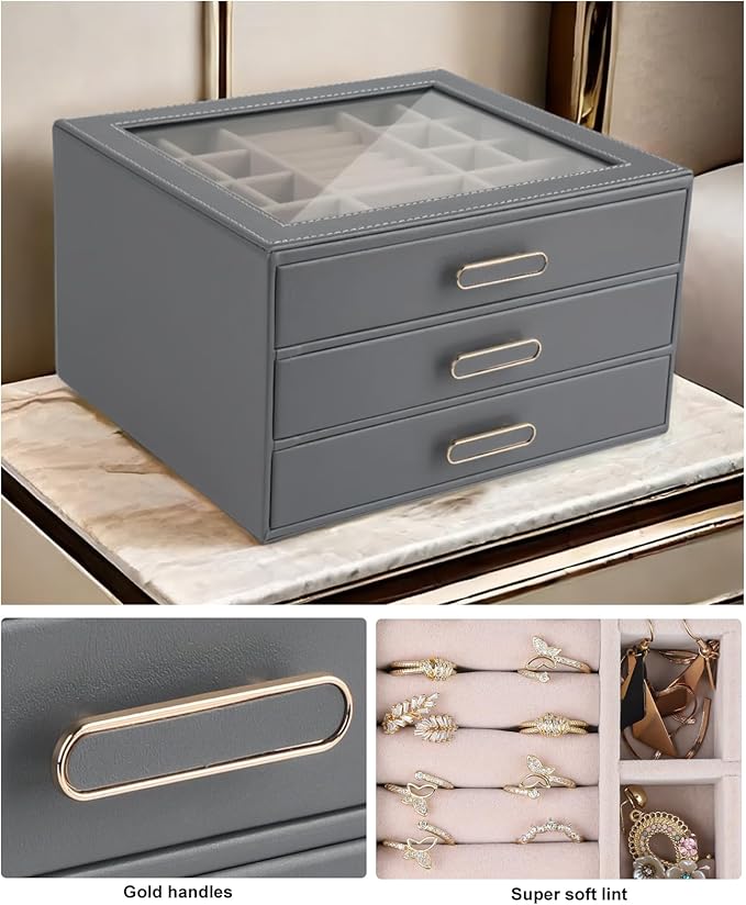 3 Layer Jewelry Organizer Box with Glass Lids & 3 Drawers - Elegant Storage Solution for Necklace, Rings，Earrings, and Bracelets - Perfect for Women ASK-301 (Grey)