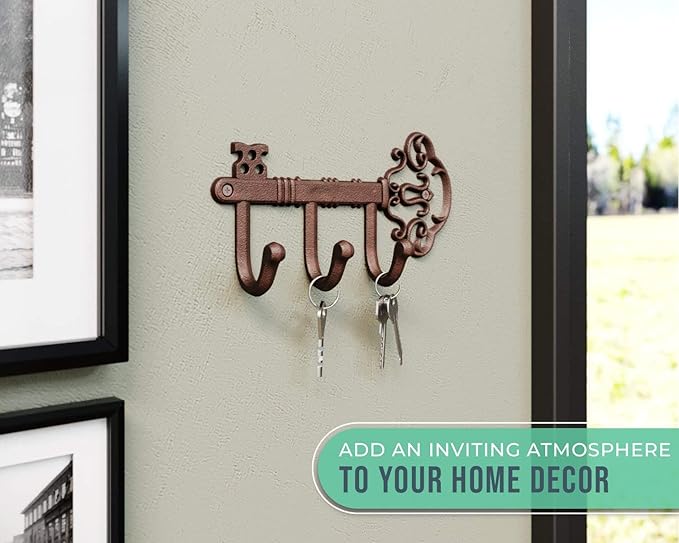 Comfify Decorative Skeleton Key Hook – Wall Mounted Cast Iron with 3 Hooks – Vintage Rustic Style – 7.7" x 4.5" – Includes Screws and Anchors