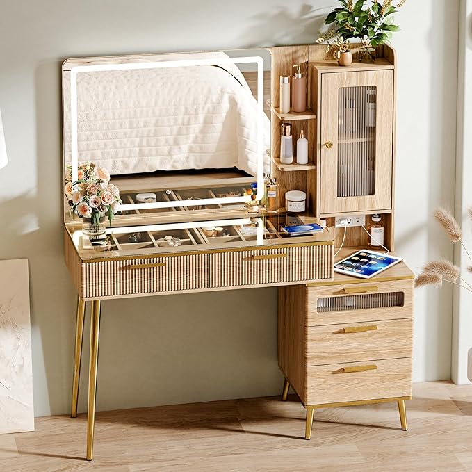 Vanity Desk with 29.53" HD Lighted Mirror, 47.24" Big Modern Vanity Desk with Mirror and Lights, Makeup Vanity with 5 Drawers and Storage Shelves and Charging Station, Oak2