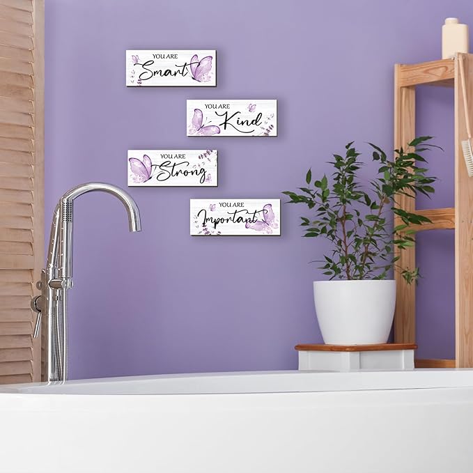 DONFENTHY 4 Pcs Butterfly Wall Decor Purple Room Decor Wooden Positive Butterfly Inspirational Word Sign for Teen Girls Women Bathroom Bedroom Office(Purple,10x4 Inch)