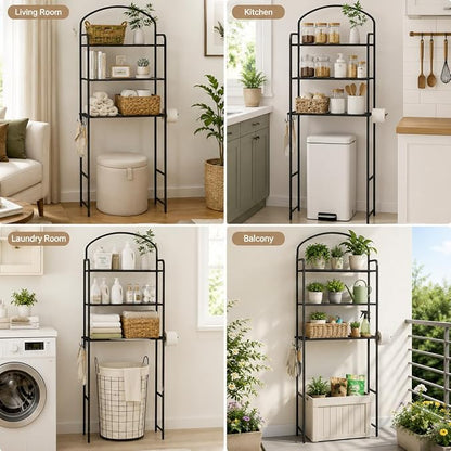 Over The Toilet Storage Rack - 3 Tier Bathroom Organizer with 4 Hooks & Paper Holder - Space Saving Metal Shelf for Bathroom - Black Toilet Storage