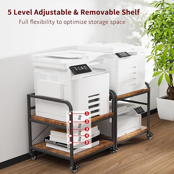 TFK 2 Tier Large Printer Stand with Storage, 20 x 20 Inch Under Desk Printer Table with Adjustable Shelf, Rolling Printers Cart for Home Office, Fits Fax /3D Printer/Scanner, Brown