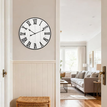 MODE HOME Large Rustic Wooden Wall Clock, 24 Inch Whitewashed Farmhouse Wall Clock with Carved Roman Numerals, Silent Battery Operated Round Vintage Clock for Living Room, Kitchen, Bedroom, Study Room