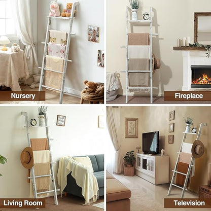 Taozun 67-Inch Farmhouse Blanket Ladder with Shelf and Hooks, 5-Tier Wooden Wall Leaning Towel Quilt Rack Holder for Living Room Decor