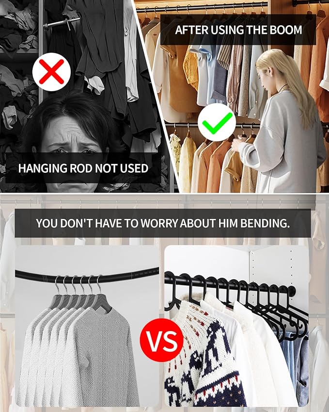 Adjustable Closet Rods for Hanging Clothes 17 to 82 inch Black Heavy Duty clothes rod for closet, Laundry, Bathroom, RV Closet Organization and Storage