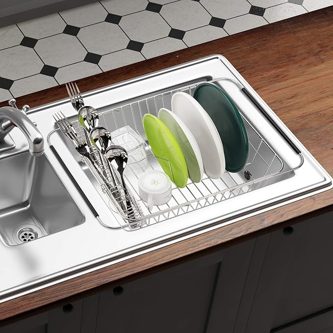 Slideep Expandable Dish Drying Rack, Stainless Steel Over The Sink Dish Rack, in Sink or On Counter Dish Drainer with Stainless Steel Removable Utensil Holder