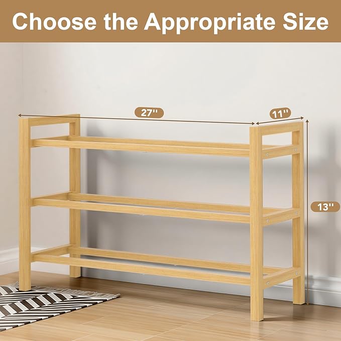 Haddockway Bamboo Shoe Rack for Closet, Free Standing Shoe Organizer with Smooth Round Rods & Convenient Handles, Stackable Shoe Storage Shelf for Entryway, Hallway(Natural, 3-Tier)