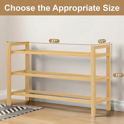 Haddockway Bamboo Shoe Rack for Closet, Free Standing Shoe Organizer with Smooth Round Rods & Convenient Handles, Stackable Shoe Storage Shelf for Entryway, Hallway(Natural, 3-Tier)