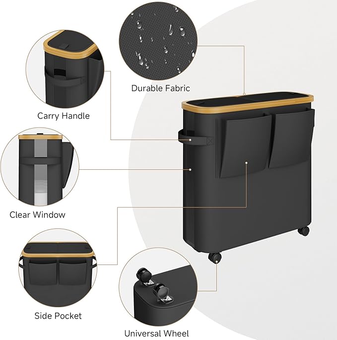 VITVITI Toilet Paper Storage Basket with Lid, Bathroom Toilet Paper Holder Organizer for 9-12 Rolls Large Capacity, Foldable Fabric Bamboo Toilet Paper Container with Pockets, Medium (Black)