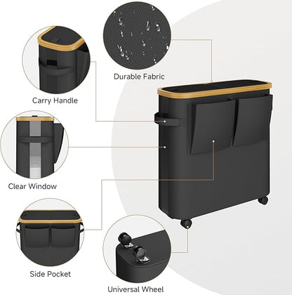 VITVITI Toilet Paper Storage Basket with Lid, Bathroom Toilet Paper Holder Organizer for 9-12 Rolls Large Capacity, Foldable Fabric Bamboo Toilet Paper Container with Pockets, Medium (Black)