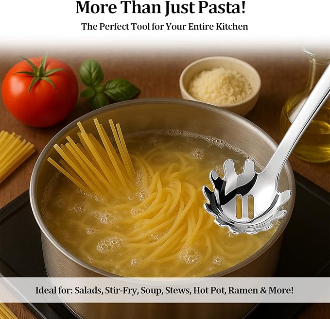 Stainless Steel Pasta Spoon with Teeth Pasta Server & Spaghetti Spoon with Drain Holes for Noodles, Pasta, Cooking & Serving (Silver)