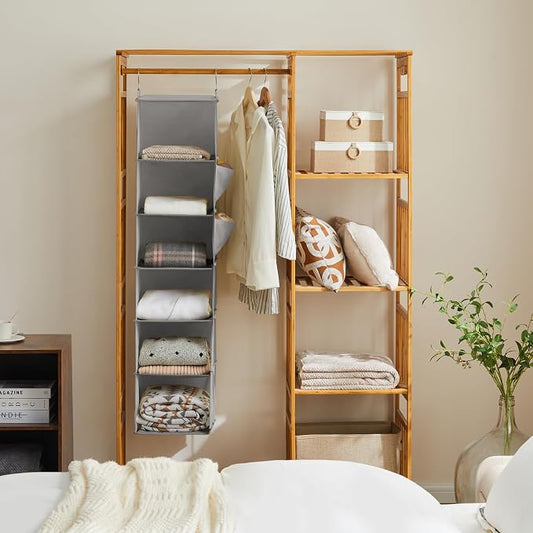 YOUDENOVA Hanging Closet Organizer and Storage, 6-Shelf Closet Hanging Storage Shelves, Light Grey