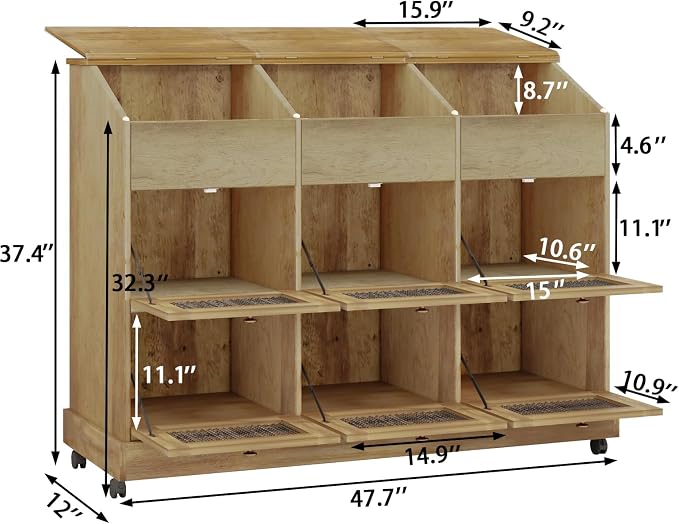 Triple Potato and Onion Storage Bin with Wheels, 3 Tier Wooden Potato Storage Cabinets with Mesh Doors, Farmhouse Movable Fruit and Vegetable Box, Wood Bread Box for Kitchen (Triple Brown)