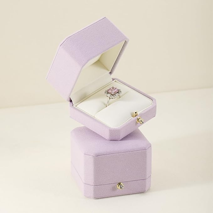 Purple Octagonal Jewelry Ring Box Gift Microfiber Engagement Proposal Ring Box
