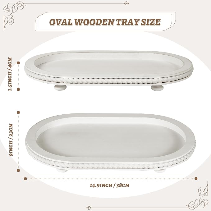 Urban Deco Oval Wooden Decorative Tray Set of 2, Farmhouse Vintage Decorative Tray Stand for Coffee Table, White Serving Tray for Living Room Kitchen Home Decor - 2 Pack