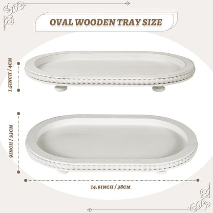 Urban Deco Oval Wooden Decorative Tray Set of 2, Farmhouse Vintage Decorative Tray Stand for Coffee Table, White Serving Tray for Living Room Kitchen Home Decor - 2 Pack