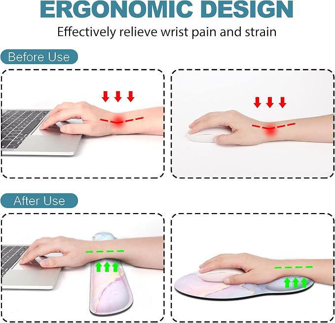 Ergonomic Mouse Pad with Wrist Rest and Keyboard Wrist Rest, Mousepad and Wrist Rest for Computer Keyboard, Non-Slip Rubber Base, Mouse Pad with Wrist Support for Gaming, Office, Pink Blue Marble