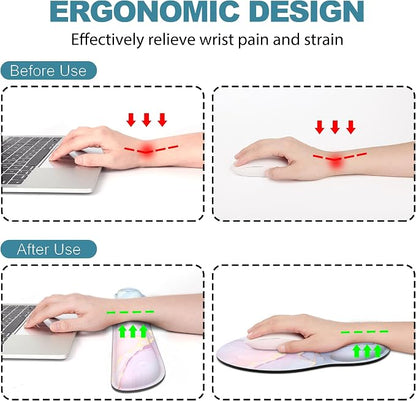 Ergonomic Mouse Pad with Wrist Rest and Keyboard Wrist Rest, Mousepad and Wrist Rest for Computer Keyboard, Non-Slip Rubber Base, Mouse Pad with Wrist Support for Gaming, Office, Pink Blue Marble