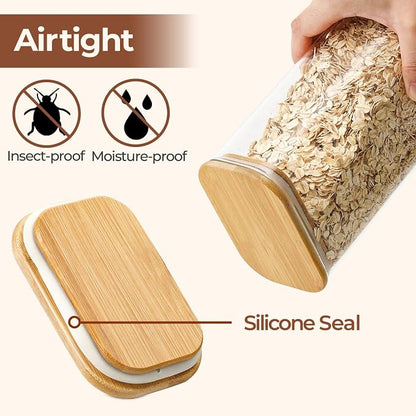 ComSaf 1.8Qt Rectangular Glass Food Storage Containers with Lids, 3-Piece Airtight Cereal Containers Storage, Glass Jars with Bamboo Lids, Space Saving Pantry Organizers for Flour, Pasta, Nut & Coffee