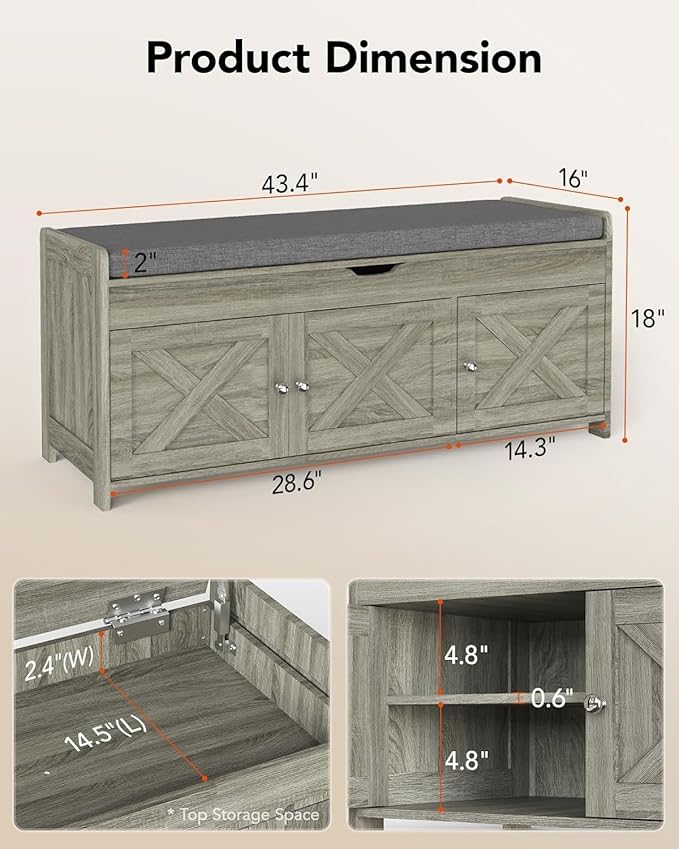 Pipishell 2-Tier Shoe Storage Bench with Cushioned Seat, Entryway Bench with Adjustable Shelf & Barn Doors, 300 lbs Capacity, 43.4" W x 16" D x 18" H, for Entryway, Bedroom, Living Room, Gray