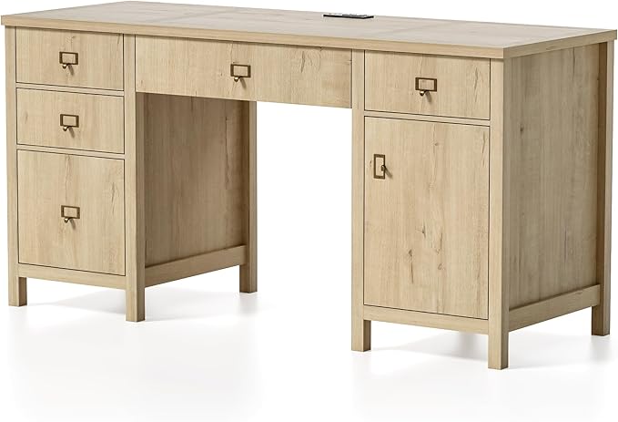 Farmhouse Wood Home Office Desk, 59" Executive Desk Computer Desk with File Drawer Charging Station and Storage Cabinet for Writing Study, Light Oak