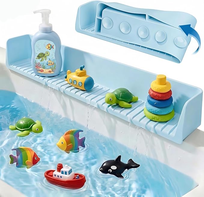 Bathtub Splash Guard for Tub Kids, Silicone Bath Toy Holder & Tub Side Tray with Suction Cups, Bath Tub Shelf for Kids, Bathtub Toy Storage, Blue