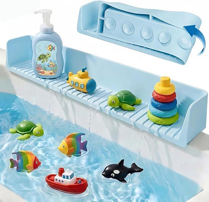 Bathtub Splash Guard for Tub Kids, Silicone Bath Toy Holder & Tub Side Tray with Suction Cups, Bath Tub Shelf for Kids, Bathtub Toy Storage, Blue