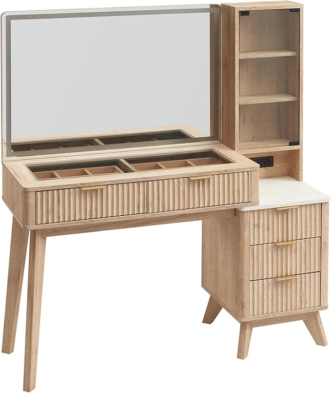 RedLemon 48" Fluted Vanity Desk with 36" Large HD Mirror and Lights, Modern Wood Glass Tabletop Makeup Table with Adjustable Storage Shelves, 5 Drawers, Charging Station for Bedroom, Natural Oak