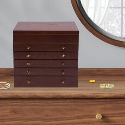 Wood Jewelry Box 6-Tier Large Jewelry Organizer Cabinet with 5 Drawers Women Girls Storage Display Case for Necklace Rings Earrings Accessories, with Mirror and Lock (With Mirror)