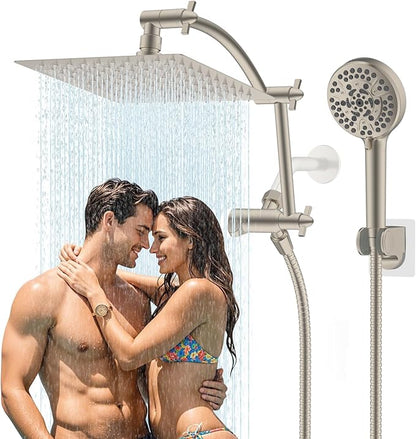 Hibbent All Metal cUPC Certified Shower Head, 8'' High Pressure Rain Shower Head, Handheld Showerhead Combo with 16'' Adjustable Extension Arm, 10 Sprays, 71'' Hose, Showerhead Holder, Brushed Nickel