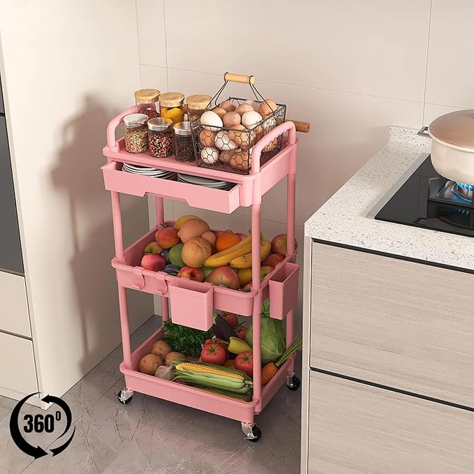 LLMRR 3 Tier Rolling Utility Cart with Drawer, Plastic Storage Organizer Rolling Carts with Wheels Handles Hanging Cups Hooks for Office, Bathroom, Kitchen,Craft Art Room (Pink)